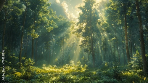Sunlight piercing through the dense canopy of a lush forest, creating a mystical atmosphere