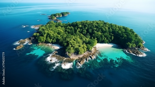 illustration drone view of green island with lush trees located in rippling sea water with foamy waves on summer day.