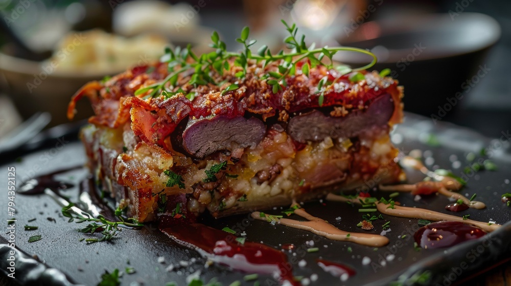 Pastrami with Matzo Kugel. Pastrami with Matzo Kugel.