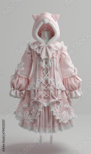 Girly cute Harajuku Japanese hoodie uniform, 3d designed, front view, isolated on a white and gray background.