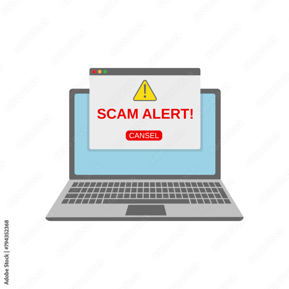 Scam alert red message on browser window. Scam sign label isolated on screen computer. Vector illustration