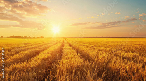 A field of golden wheat with a bright sun in the sky