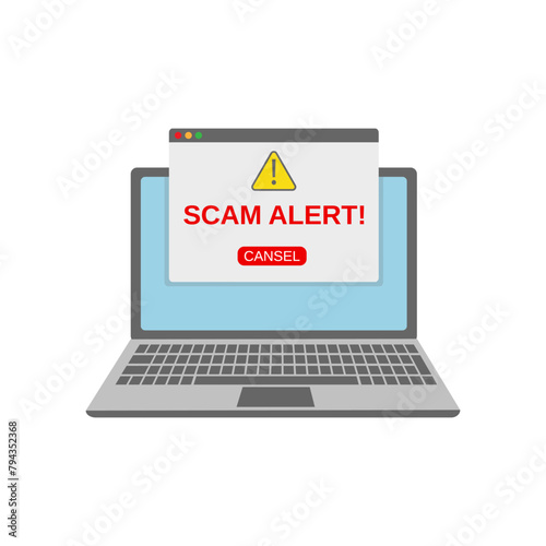 Scam alert red message on browser window. Scam sign label isolated on screen computer. Vector illustration