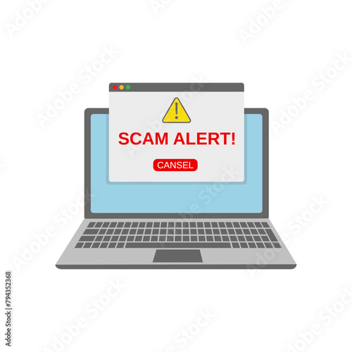 Obraz na płótnie Scam alert red message on browser window. Scam sign label isolated on screen computer. Vector illustration w salonie