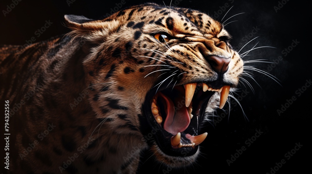 A close-up of an angry tiger snarling against a dark background.