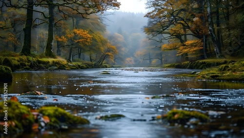 Tranquil River Meanders Through Moss-Covered Trees in Picturesque Landscape. Concept Nature, River, Trees, Moss, Landscape