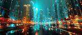 Neon Nightscape: Futuristic Urban Metropolis with Glowing Light Trails
