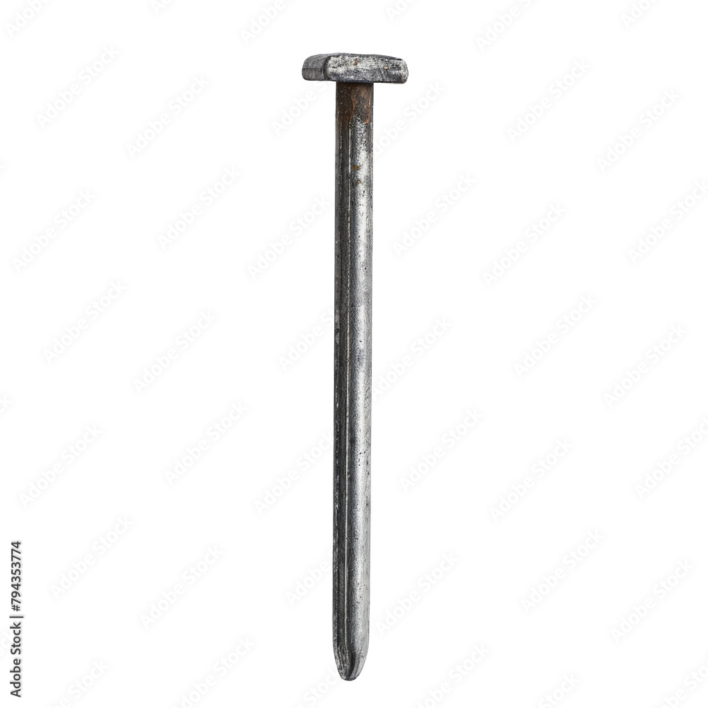 A galvanized nail stands out against a crisp transparent background on white screen