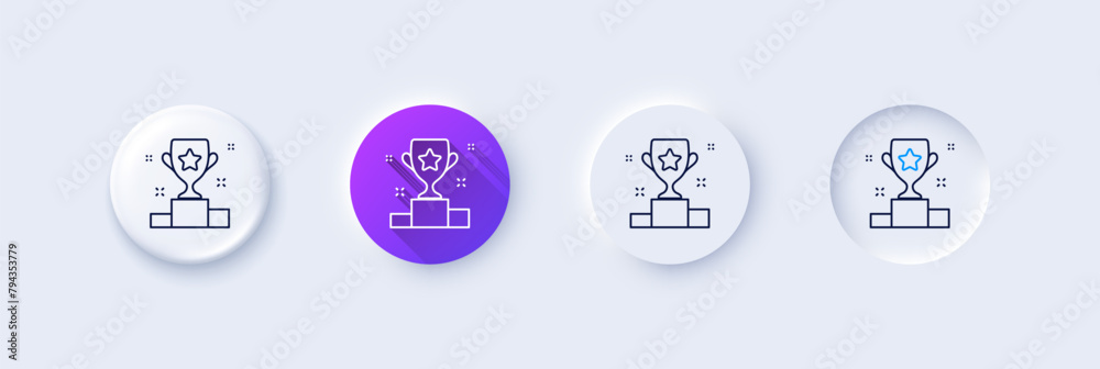 Winner cup line icon. Neumorphic, Purple gradient, 3d pin buttons. Award trophy sign. Best achievement symbol. Line icons. Neumorphic buttons with outline signs. Vector Winner cup line icon. Neumorphic, Purple gradient, 3d pin buttons. Award trophy sign. Best achievement symbol. Line icons. Neumorphic buttons with outline signs. Vector