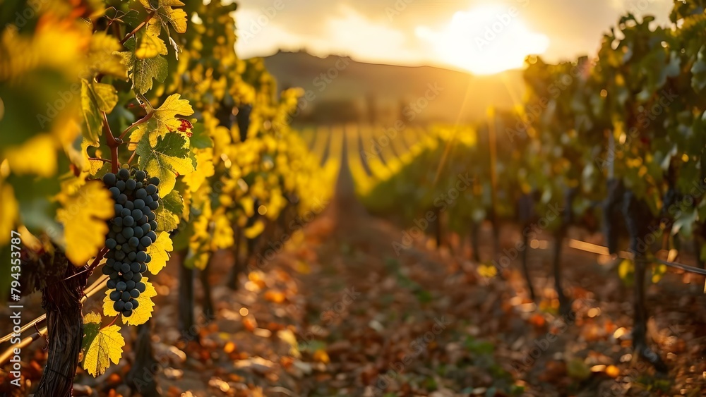 Golden Sunlight Shines on Rows of Tuscan Vineyards, Leading to Exceptional Wine. Concept Sunlight, Tuscan Vineyards, Wine, Golden Glow, Exceptional Quality