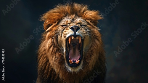A lion with a flowing mane roars powerfully against a dark background.