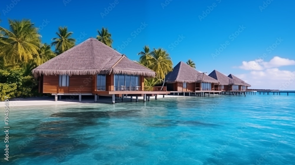Maldives paradise island. Tropical landscape, coast seascape water bungalows villas with amazing sea lagoon beach. Exotic tourism destination summer vacation. Maldives paradise island. Tropical landscape, coast seascape water bungalows villas with amazing sea lagoon beach. Exotic tourism destination summer vacation.