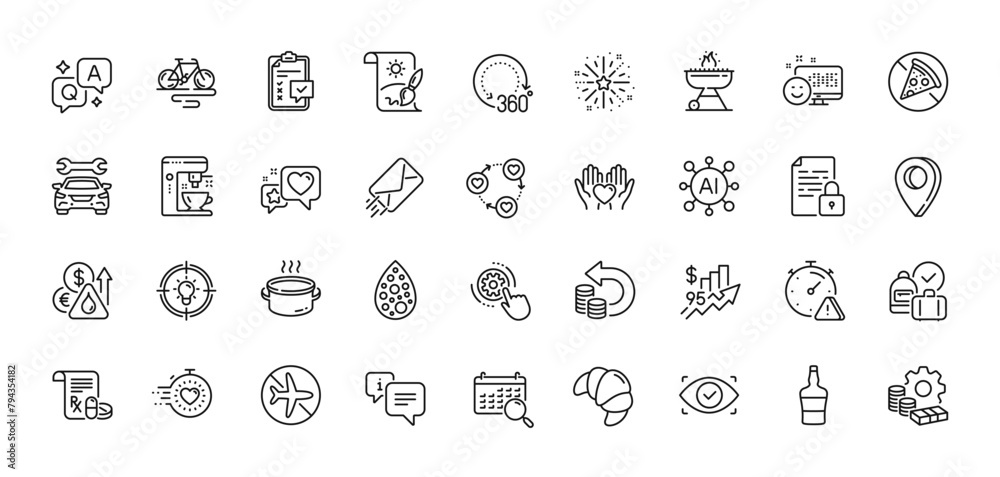 Biometric eye, E-mail and Grill line icons pack. AI, Question and Answer, Map pin icons. Coffee maker, Flight mode, Heart web icon. Attention, 360 degrees, Timer pictogram. Vector
