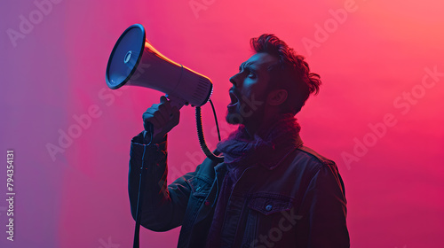A musician holds a megaphone against a vibrant purple backdrop