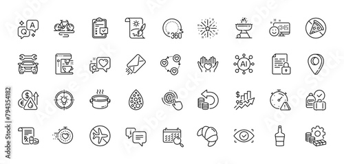 Biometric eye, E-mail and Grill line icons pack. AI, Question and Answer, Map pin icons. Coffee maker, Flight mode, Heart web icon. Attention, 360 degrees, Timer pictogram. Vector photo