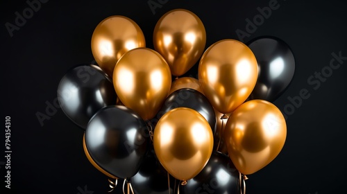 Gold, black and silver balloons on black background. 3D Rendering