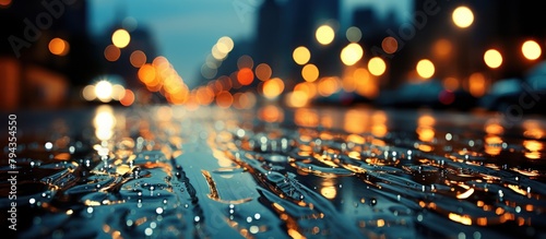 Raindrops streak down a window, city lights blurred in the distance photo