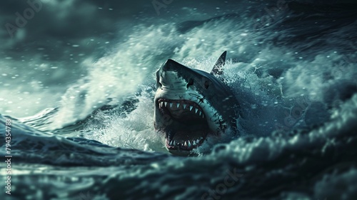A large, ferocious shark emerges powerfully from tumultuous ocean waves under a stormy sky. photo
