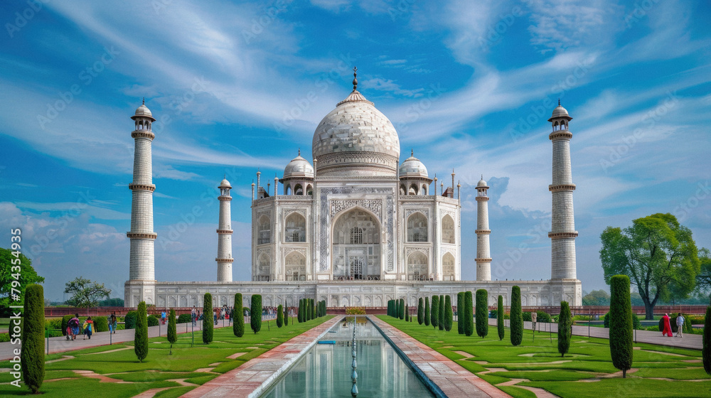 The Taj Mahal is a beautiful white building with a blue sky in the background