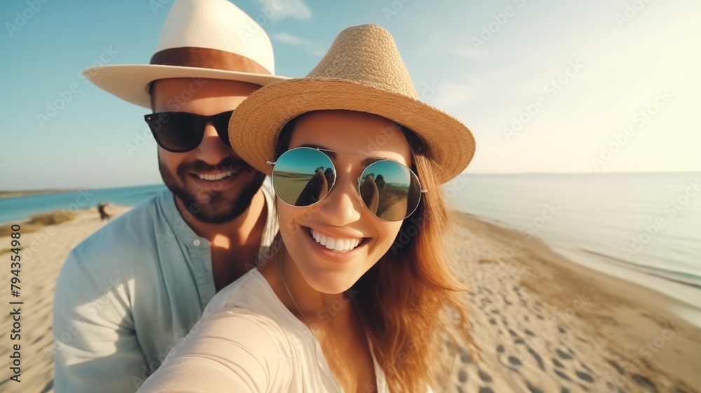 Man and woman couple with hat taking a selfie with cell phone on their summer vacation by the sea. Summer at the beach. Vacation as a couple.