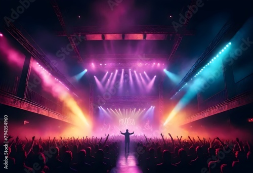 A large crowd of people at a music concert, with colorful stage lights illuminating the scene. The stage is in the background, with a silhouetted figure standing in the center, arms raised. 