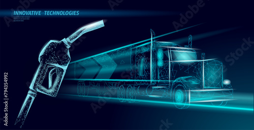 Low poly transport abstract truck. Lorry van fast delivery shipping logistic. Polygonal dark blue speed highway industry international transportation traffic vector illustration