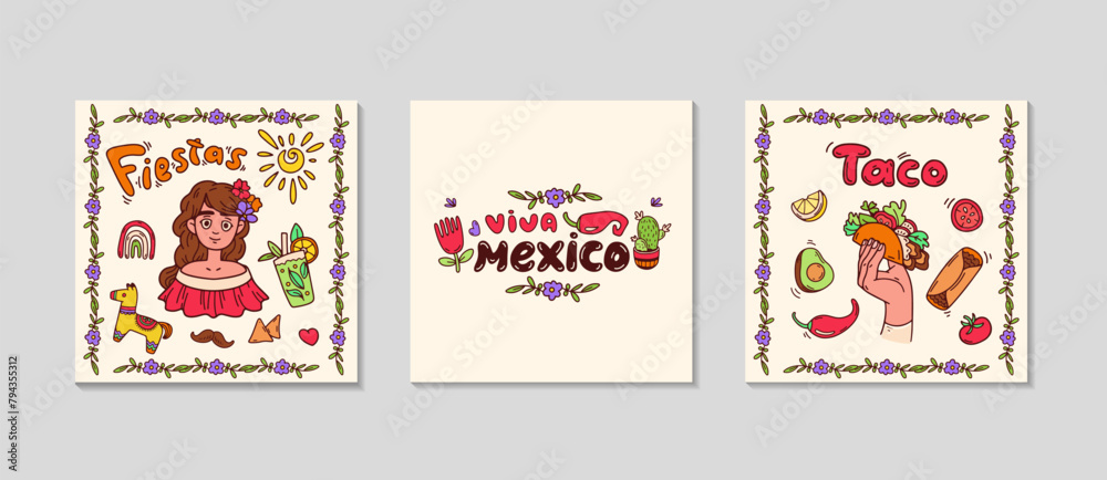 Mexican festive cards for Social media. Square greeting post set. Background for sale, promotions, visual design. Celebration text templates for invitations. Vector doodle illustration.