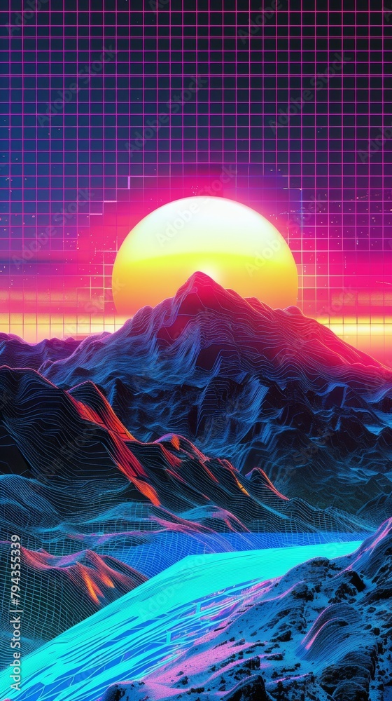 Vibrant, synthwave-inspired mountain range with neon contours against a digital grid backdrop