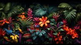 many brightly colored tropical plants are on a black wall.