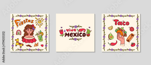 Mexican festive cards for Social media. Square greeting post set. Background for sale, promotions, visual design. Celebration text templates for invitations. Vector doodle illustration.