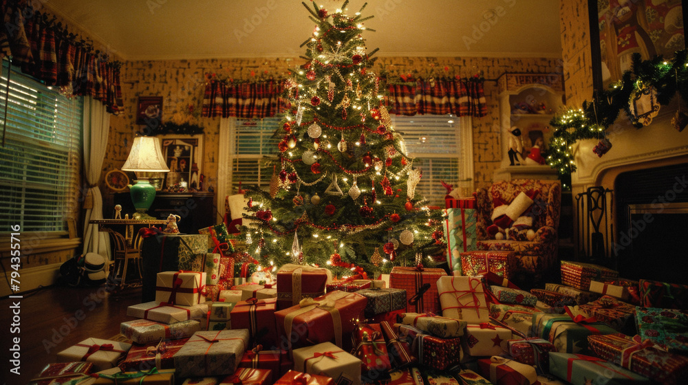A Christmas tree is lit up in a living room with a lot of presents underneath it