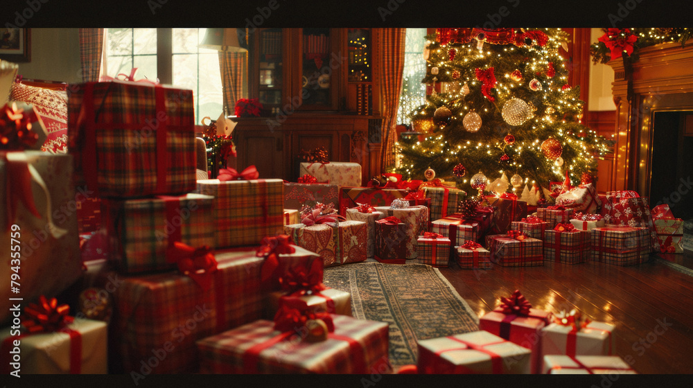 A Christmas tree is surrounded by many presents