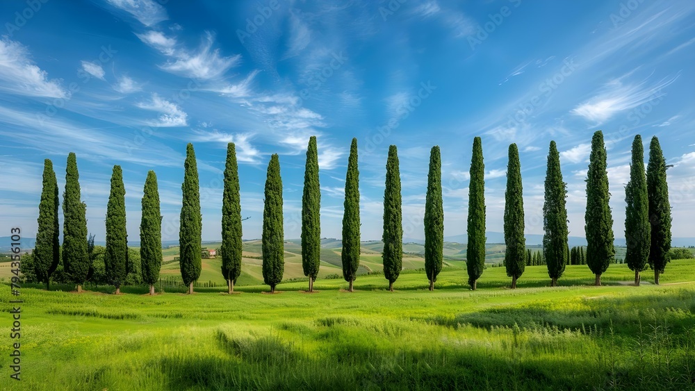 Tall Tuscan Cypress Trees in a Lush Green Field Under a Blue Sky. Concept Landscapes, Nature Photography, Tuscan Countryside, Cypress Trees, Sky Photography