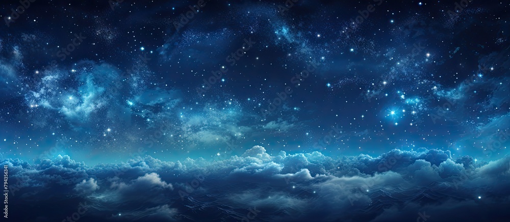Midnight sky with electric blue hues, scattered stars, and fluffy cumulus clouds