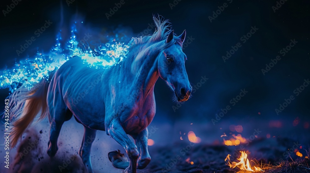 A mythical white horse surrounded by blue flames and small fires in a dark setting.