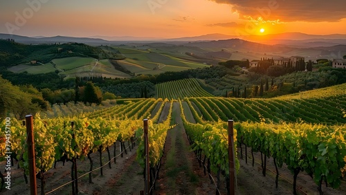 Rows of Vines in Tuscan Vineyards Bathed in Golden Sunlight Create Great Wine. Concept Tuscan Vineyards  Rows of Vines  Golden Sunlight  Wine Production  Winemaking