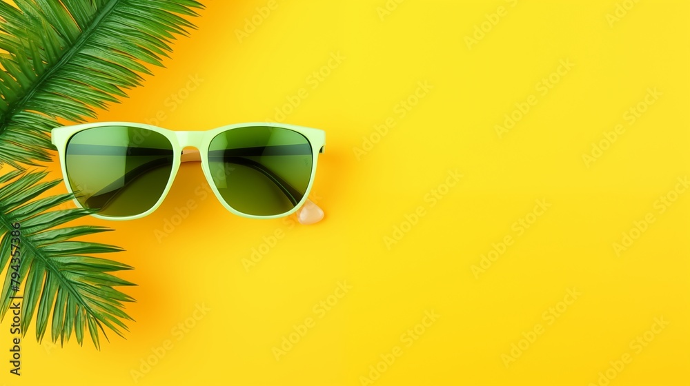 Minimalist summer concept with a palm tree beach sunglasses on blank yellow green background. Minimalist summer concept with a palm tree beach sunglasses on blank yellow green background.