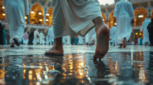 Close-up of a Muslim man's determined stride towards the Kaaba, his pilgrimage marked by devotion and humility, amidst the vibrant tapestry of cultures converging in Mecca. photo