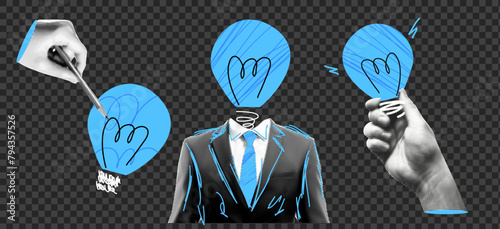 Creative collage concepts set: Man with a light bulb head in a pop art style, featuring blue  grunge textures and dadaism elements. Hand-drawn doodles and cut-out paper aesthetics  photo