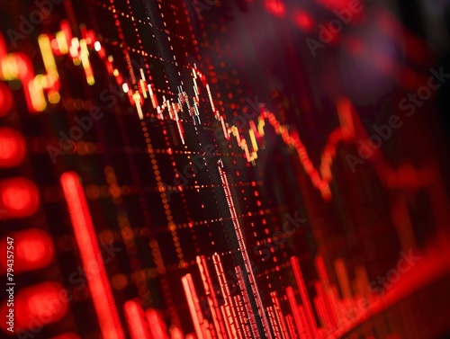 Macro shot of a declining stock market graph on a digital screen, symbolizing financial turmoil