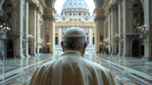 The camera captures the Pope's serene profile from behind, framed by the vast expanse of the Vatican Cathedral's interior, evoking a sense of timeless devotion.