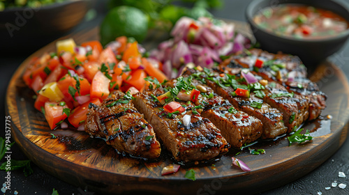 Grilled meat guacamole and fresh vegetables