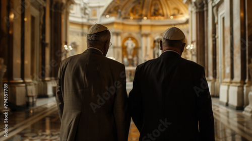 The Pope, seen from behind, engages in a heartfelt conversation with a man in a business suit amidst the grandeur of the Vatican Cathedral, their dialogue echoing in the sacred sil