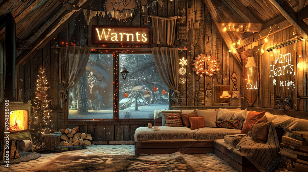 A cozy winter cabin ambiance with the words 