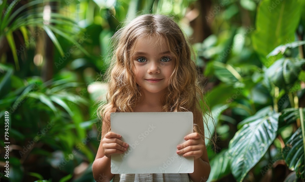 A cute little girl is holding a blank white paper. Green jungle and greenery in the background A cute little girl is holding a blank white paper. Green jungle and greenery in the background