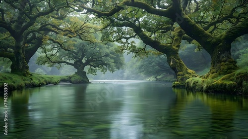 Tranquil River Flowing Through Moss-Covered Trees in a Picturesque Landscape. Concept Nature Photography, Tranquility, Moss-Covered Trees, River Landscape, Picturesque Views