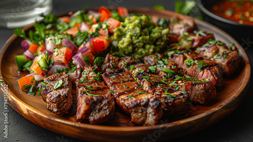 Grilled meat guacamole and fresh vegetables