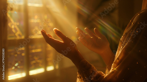 The camera zooms in on the hands of a modern Muslim woman engaged in prayer, with sunlight filtering through nearby windows, casting a gentle glow upon her as she seeks divine sola photo