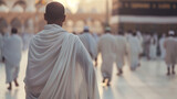 Close-up shot of a Muslim man's back adorned with the Ihram (pilgrimage garment), walking with purpose towards the Kaaba in Mecca, amidst the fervor and anticipation of the Hajj pi