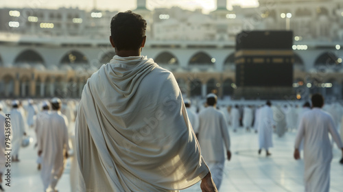 Close-up shot of a Muslim man's back adorned with the Ihram (pilgrimage garment), walking with purpose towards the Kaaba in Mecca, amidst the fervor and anticipation of the Hajj pi photo